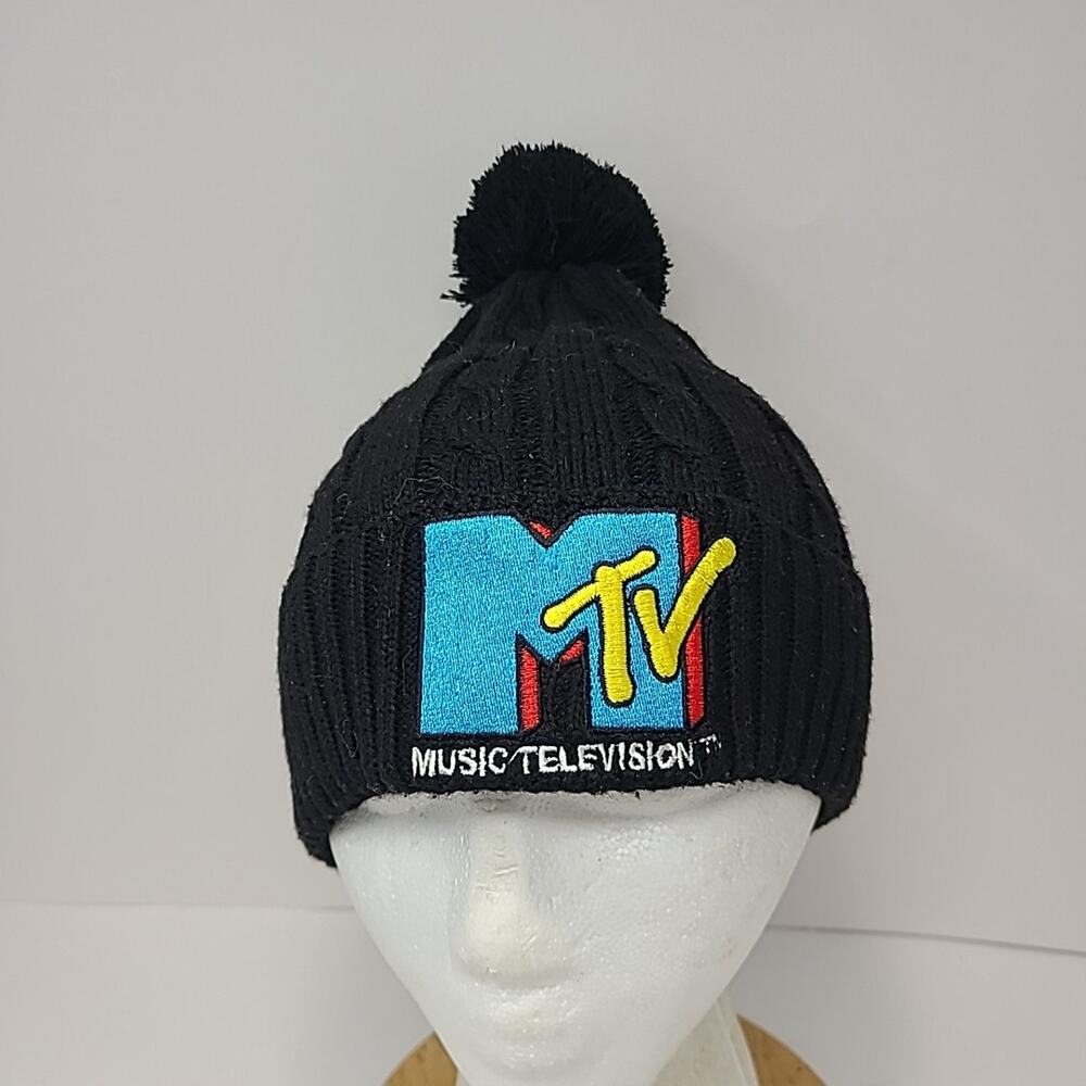 MTV Music Television Black Beanie W Pom Pom Hat